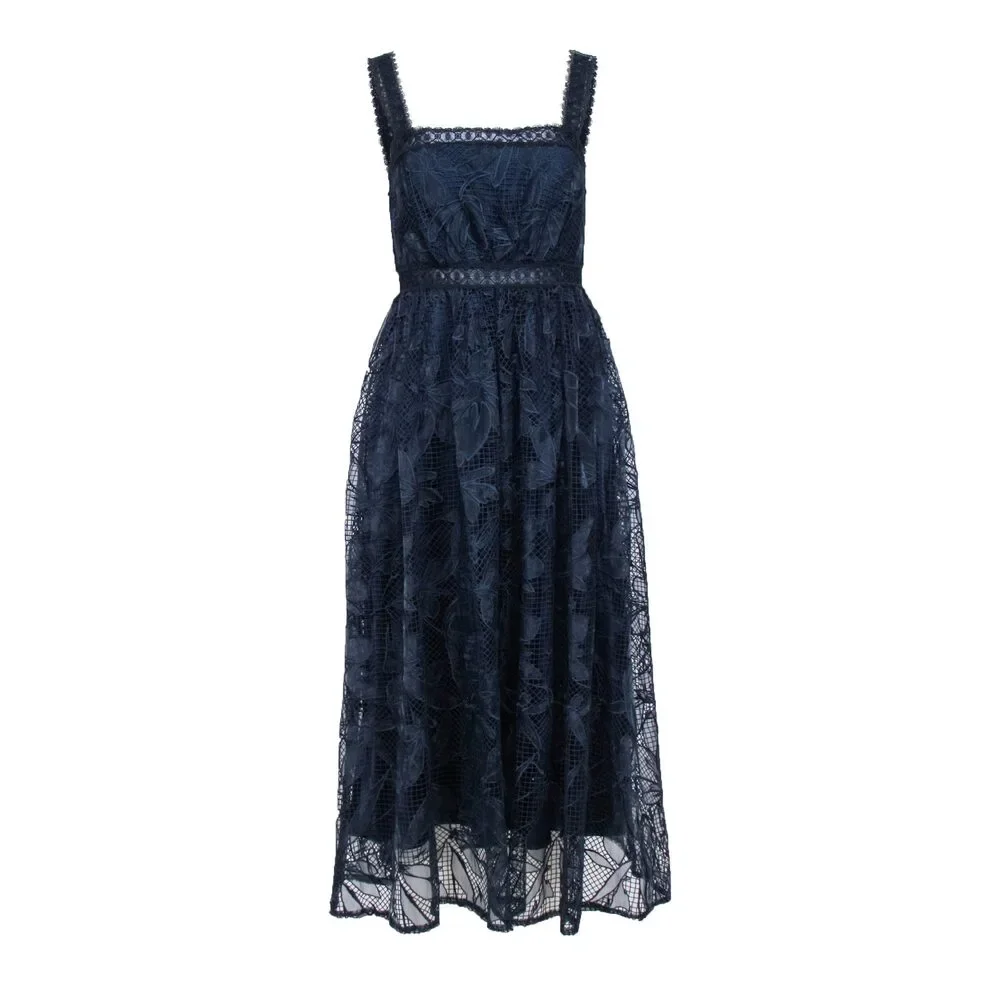 Monique Lhuillier - Navy Lace Sleeveless Formal Dress Sz 4